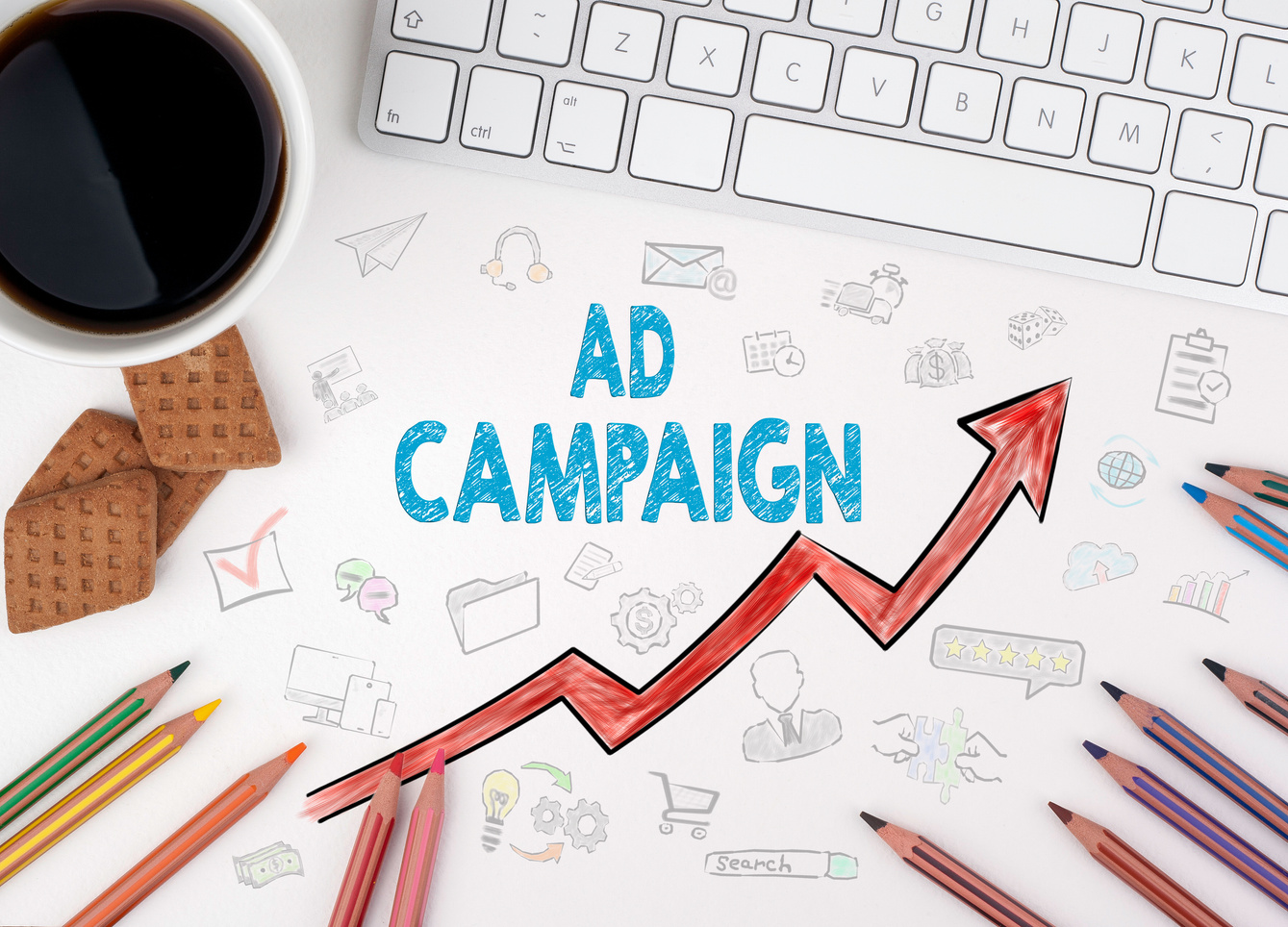 Ad Campaign, Business Concept. White office desk